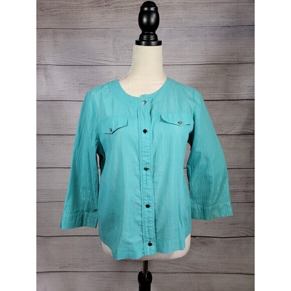 CHICO'S Shimmer Button Down Blouse Turquoise Size 1 (Medium/8) - Picture 1 of 7